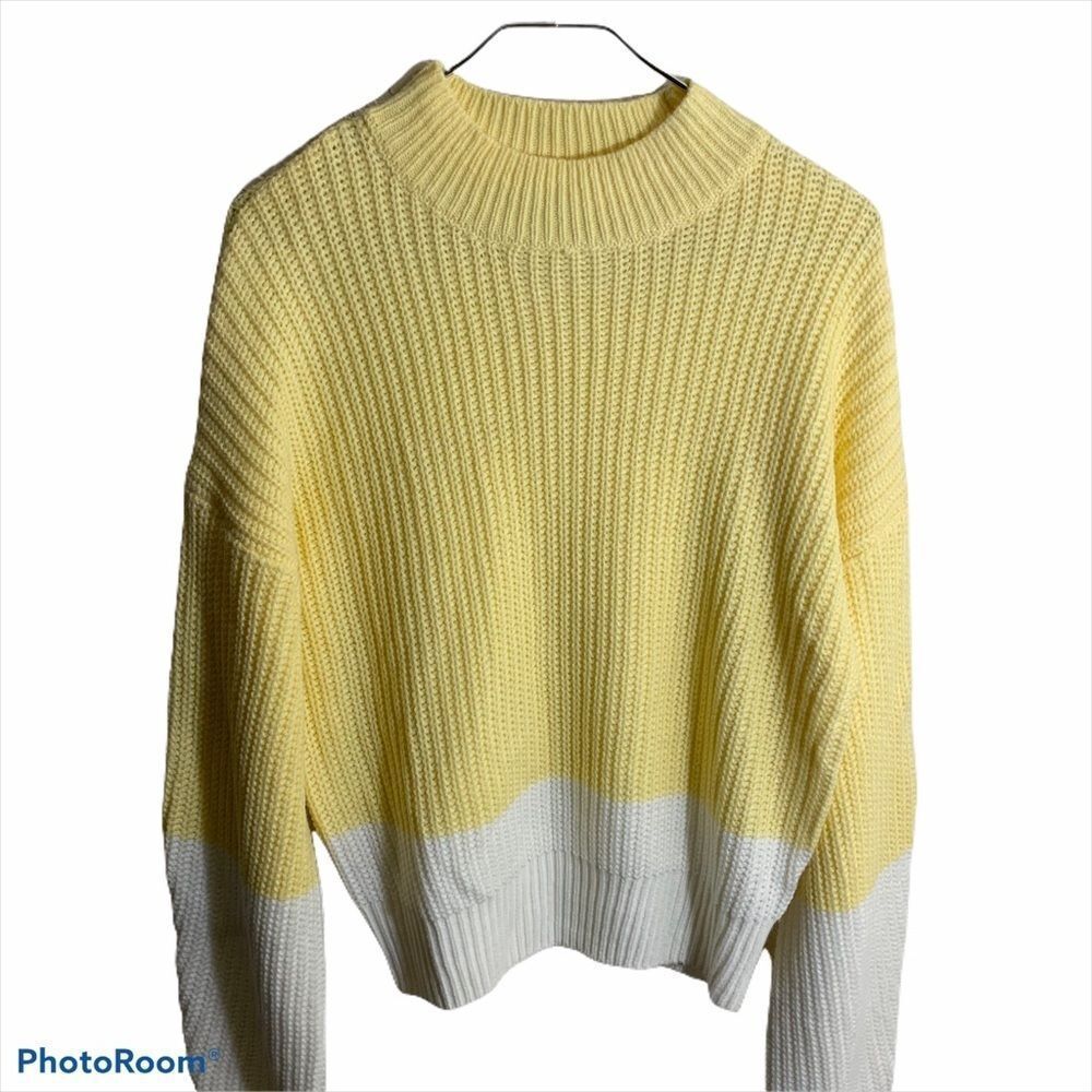 GB Sweater Yellow M Women Colorblock Ribbed Knit Mock Neck Casual